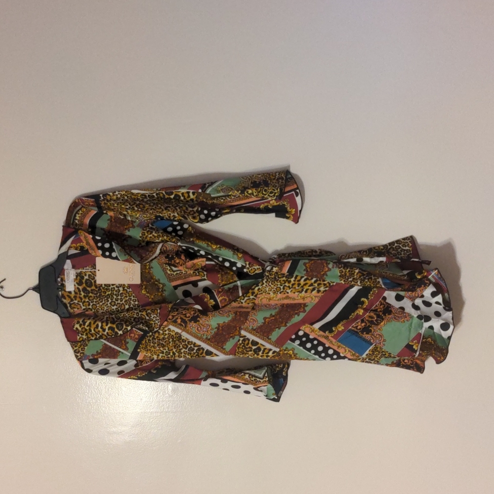 Outrageous fortune tall ruffle wrap mini dress fluted sleeve in scarf print